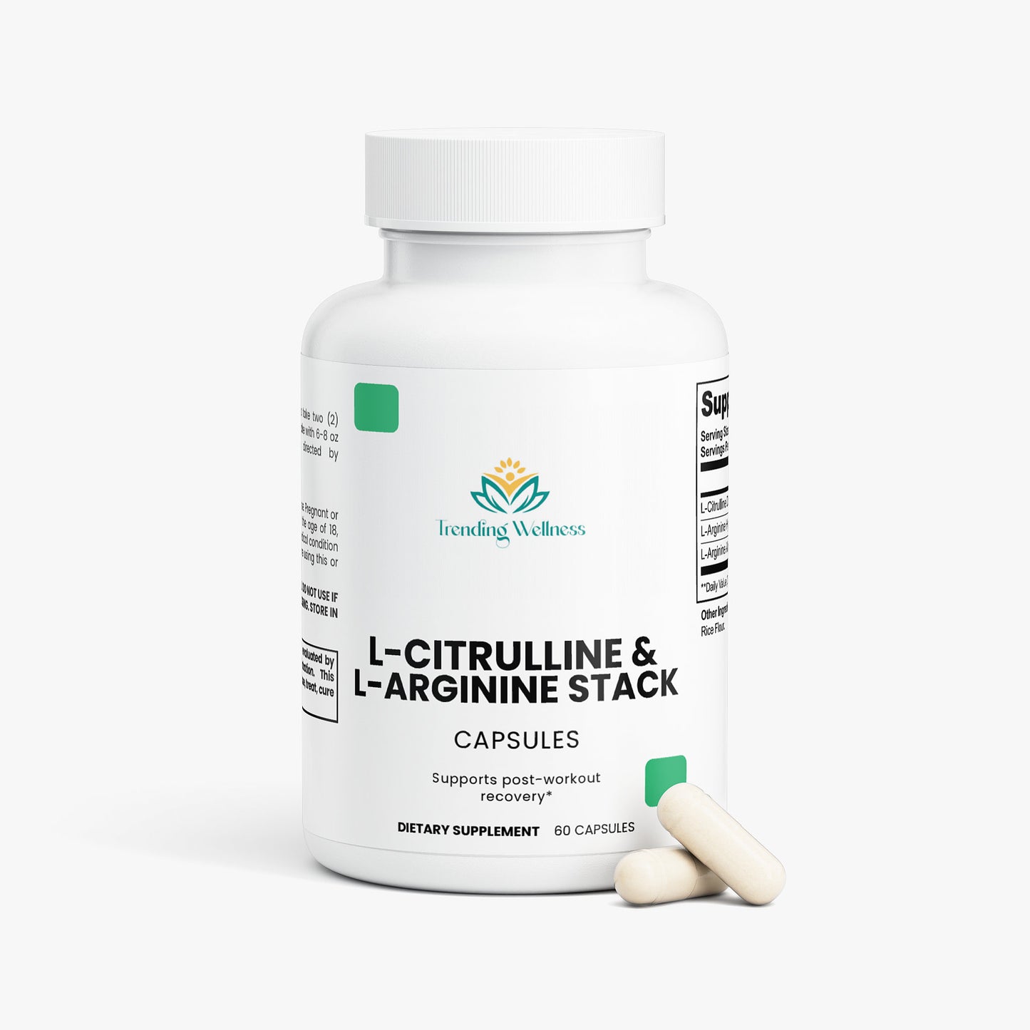 Supplement bottle labeled 'L-Citrulline & L-Arginine Stack' by Trending Wellness on a white background.