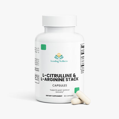 Supplement bottle labeled 'L-Citrulline & L-Arginine Stack' by Trending Wellness on a white background.