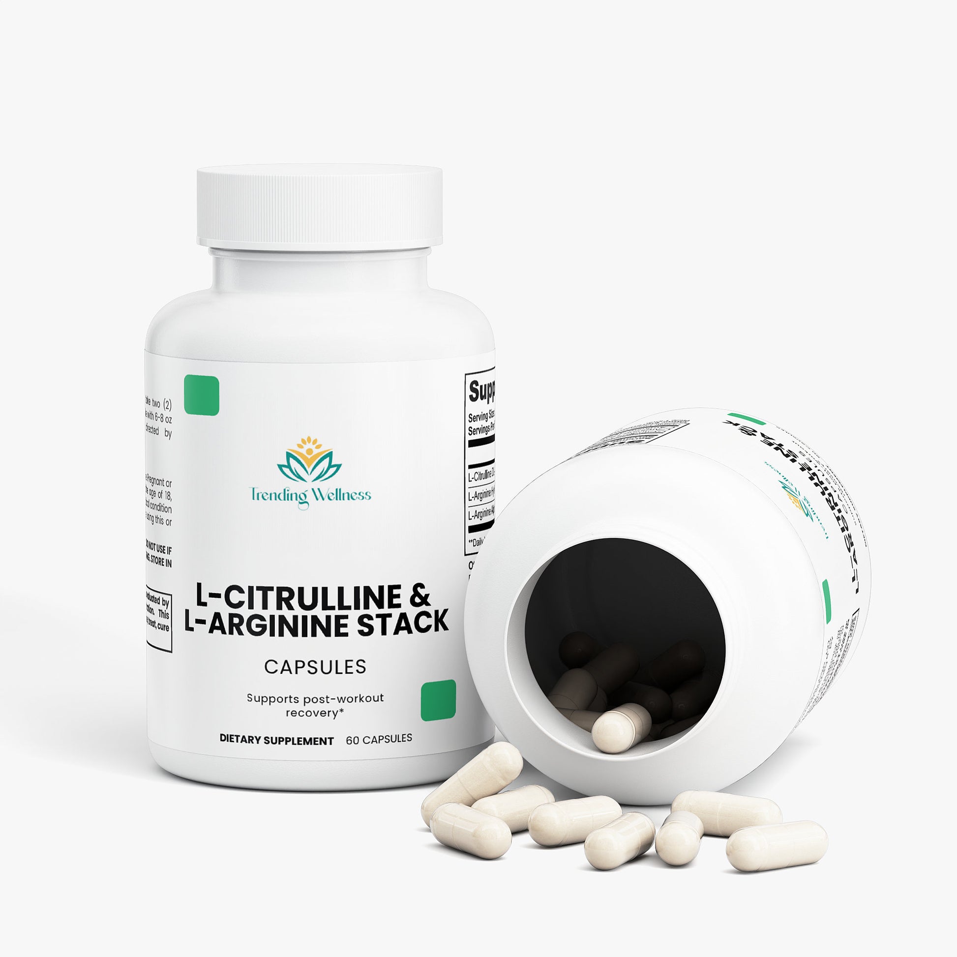 Supplement bottle labeled 'L-Citrulline & L-Arginine Stack' with open lid showing capsules on a white background.