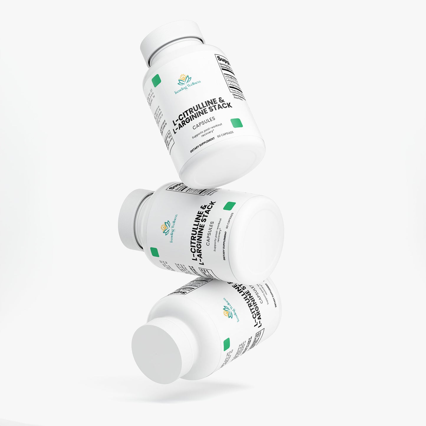Three bottles of L-tyrosine and L-ornithine stack on a white background