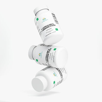 Three bottles of L-tyrosine and L-ornithine stack on a white background