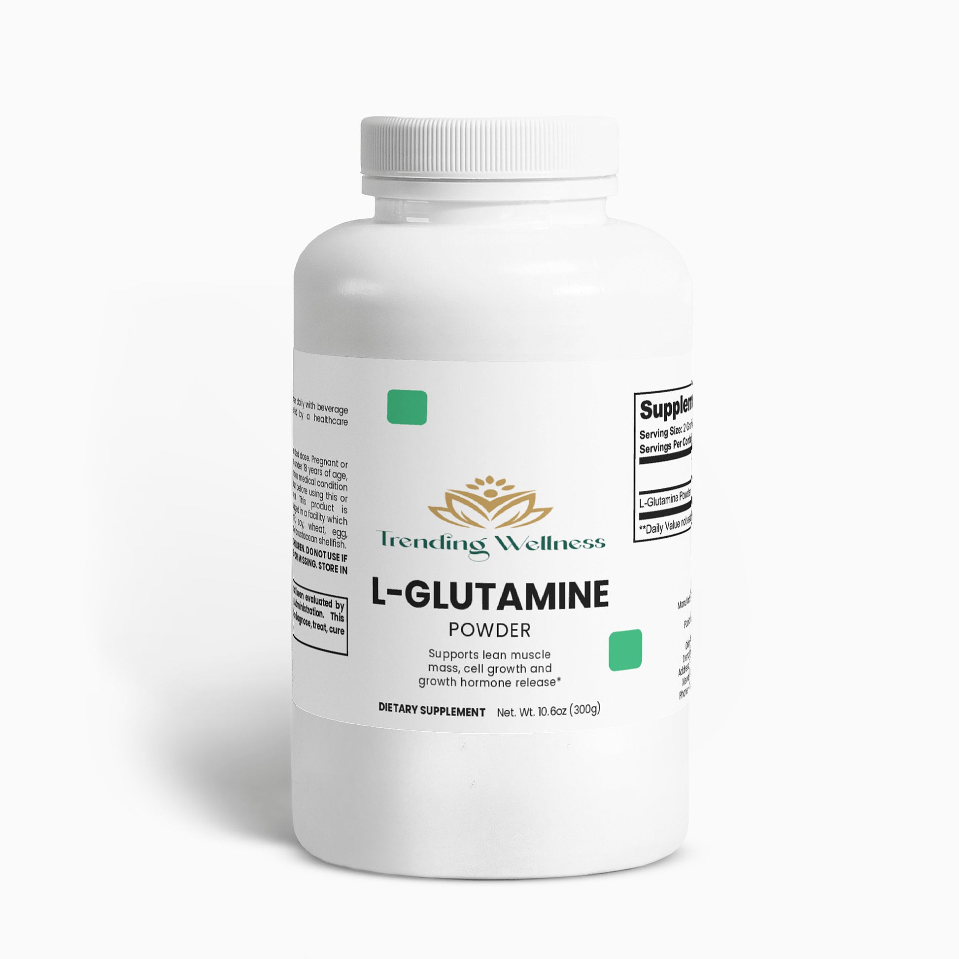 Trending Wellness L-Glutamine powder bottle on a white background