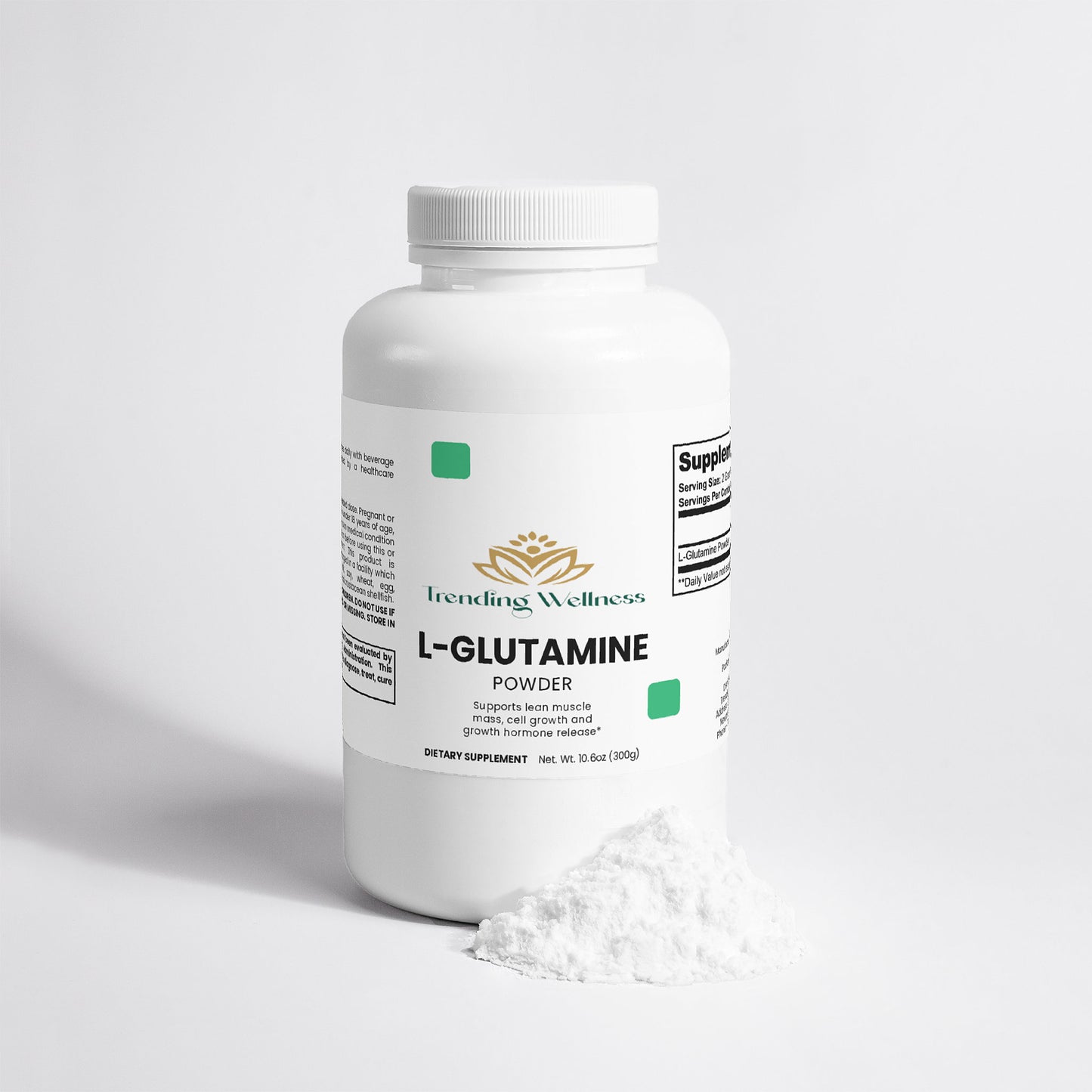 Bottle of L-Glutamine powder with a white label on a light gray background
