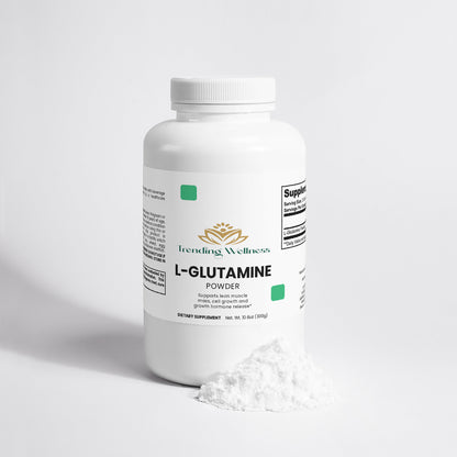 Bottle of L-Glutamine powder with a white label on a light gray background