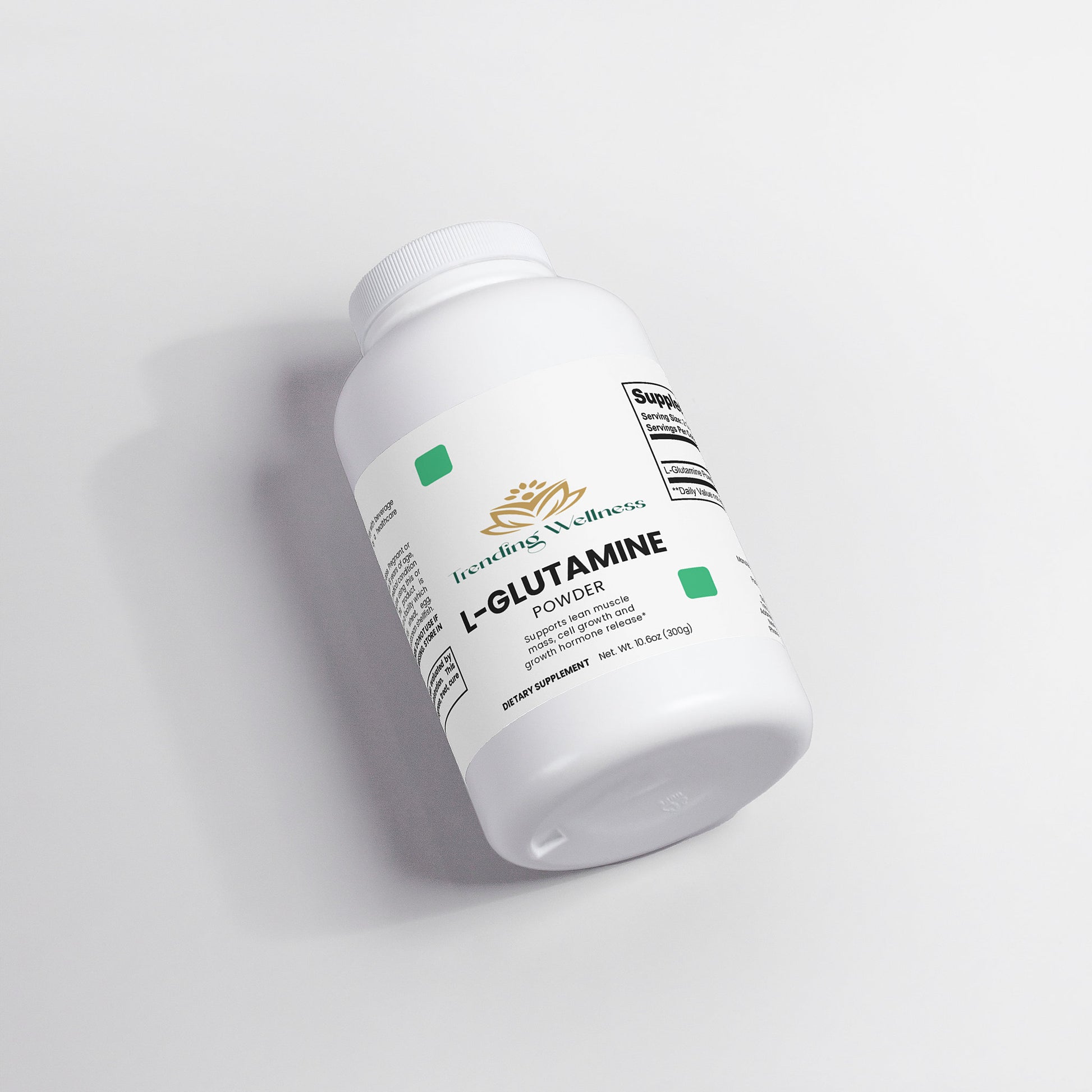 Container of L-Glutamine powder on a light gray background