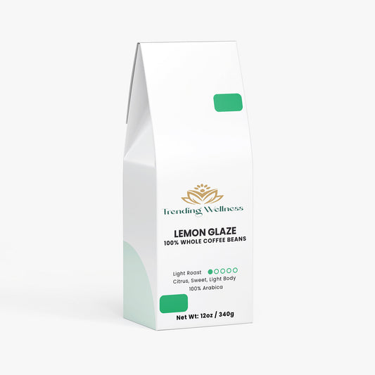 Coffee bean package labeled 'Lemon Glaze' by Trending Wellness on a white background