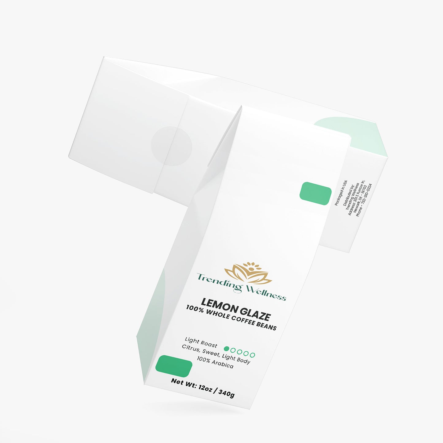 Packaging of Lemon Glaze coffee beans with Trending Wellness branding on a white background