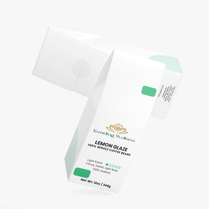 Packaging of Lemon Glaze coffee beans with Trending Wellness branding on a white background