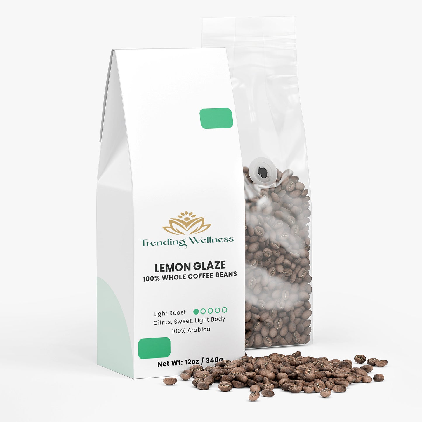 Packaging of Trending Wellness Lemon Glaze coffee beans with a clear window showing the coffee beans inside.