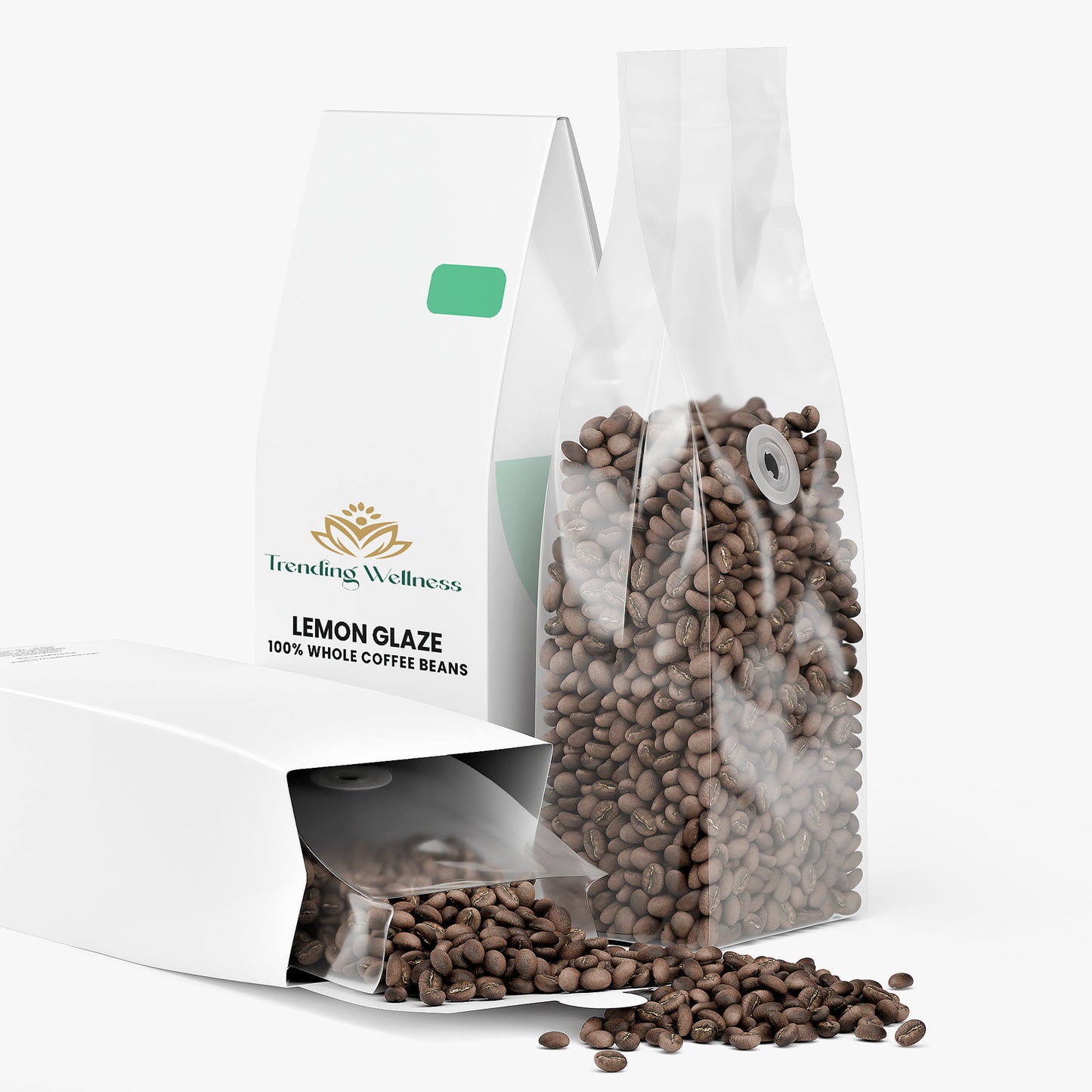 Clear bag of lemon glaze coffee beans with visible branding on a white background