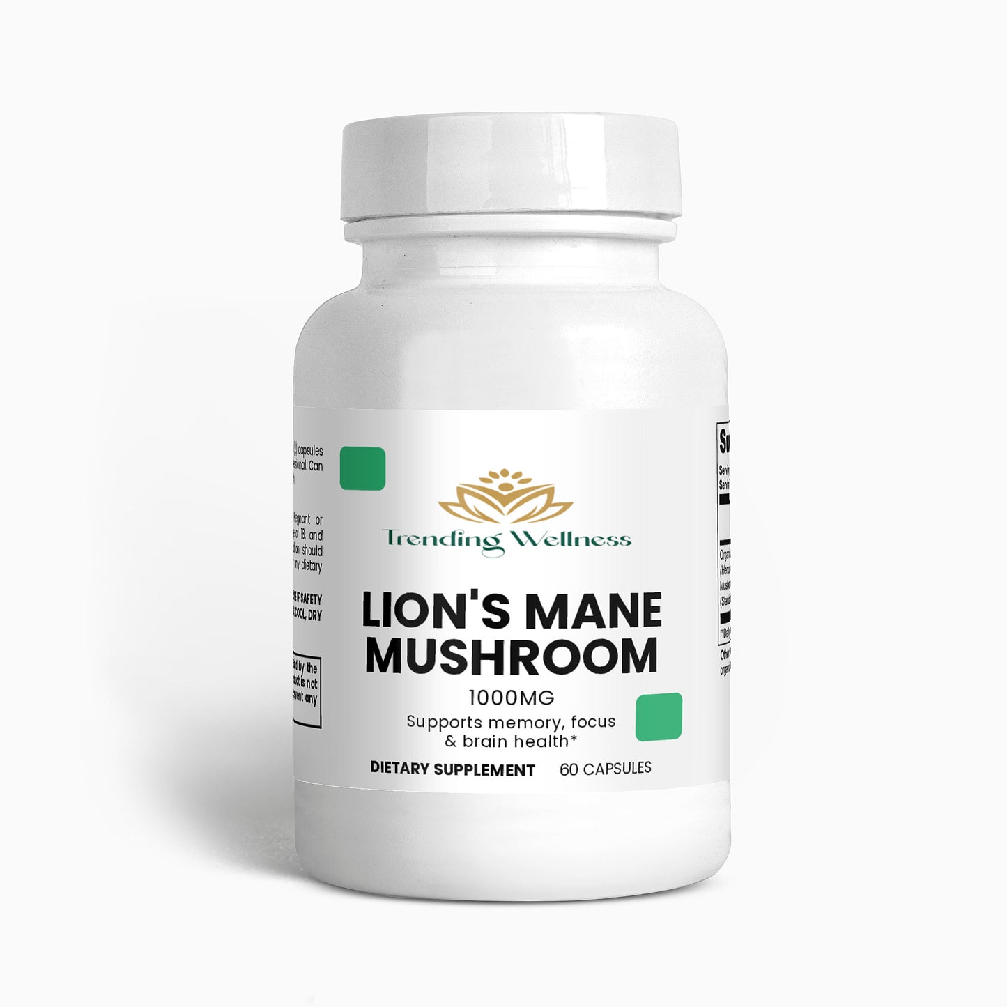 Supplement bottle labeled 'Lion's Mane Mushroom' by Trending Wellness on a white background