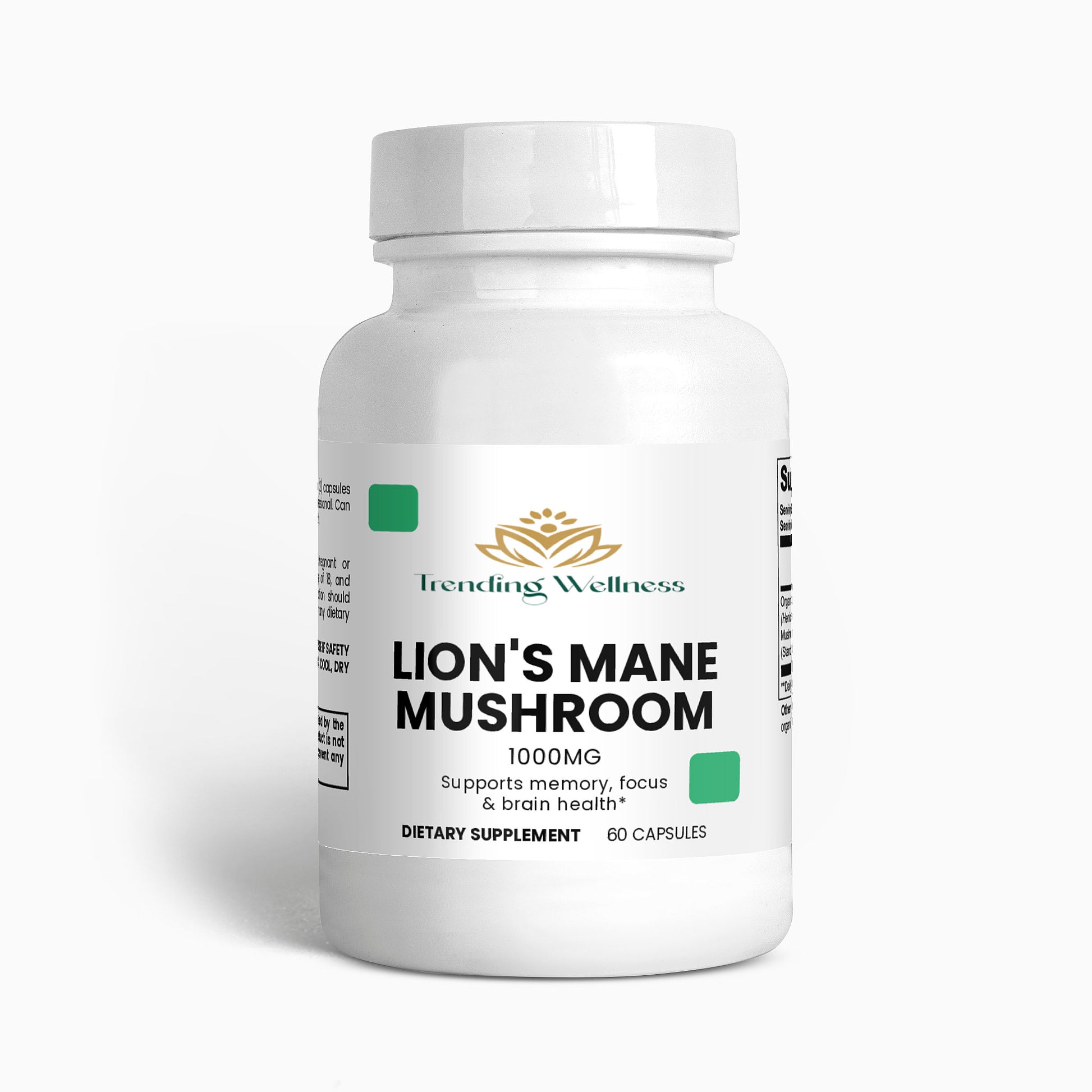 Supplement bottle labeled 'Lion's Mane Mushroom' by Trending Wellness on a white background