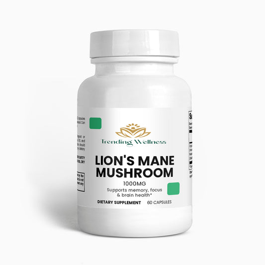 Supplement bottle labeled 'Lion's Mane Mushroom' by Trending Wellness on a white background