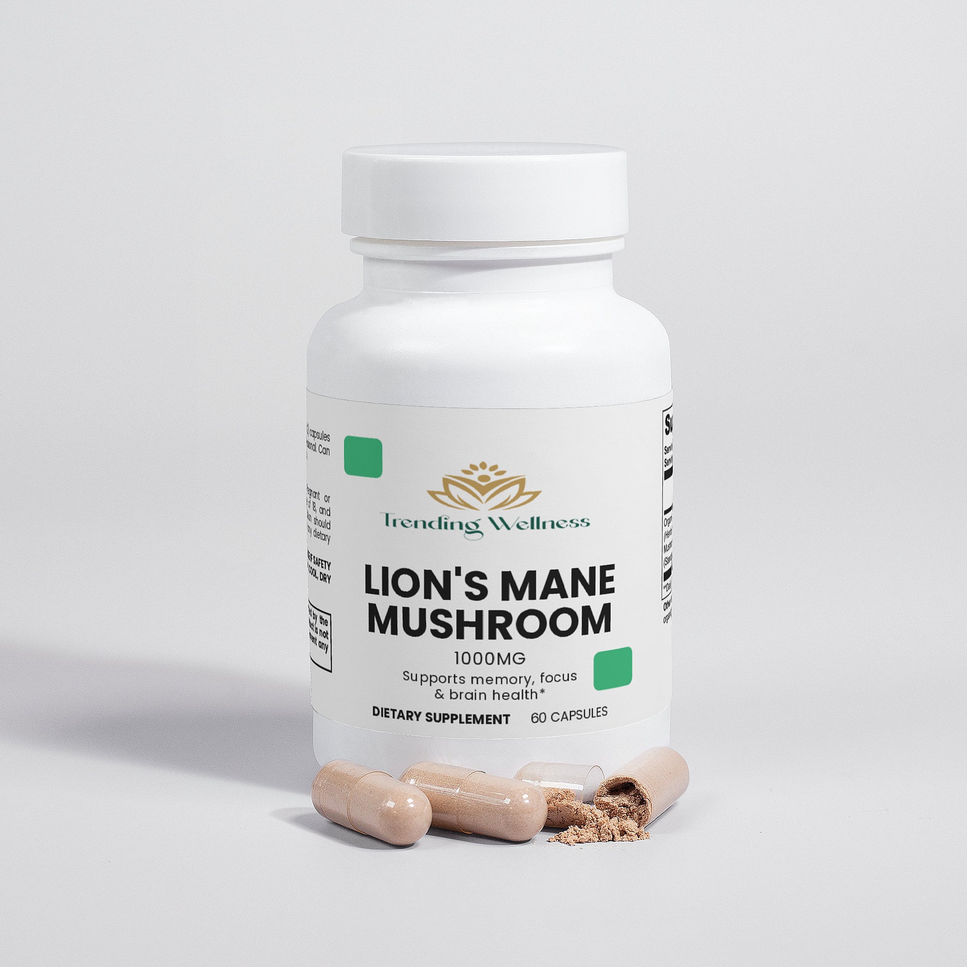 Supplement bottle labeled 'Lion's Mane Mushroom' by Trending Wellness on a light gray background