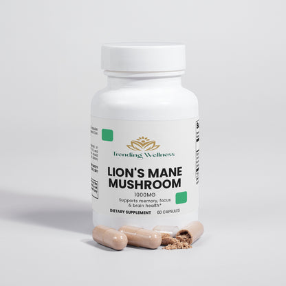 Supplement bottle labeled 'Lion's Mane Mushroom' by Trending Wellness on a light gray background