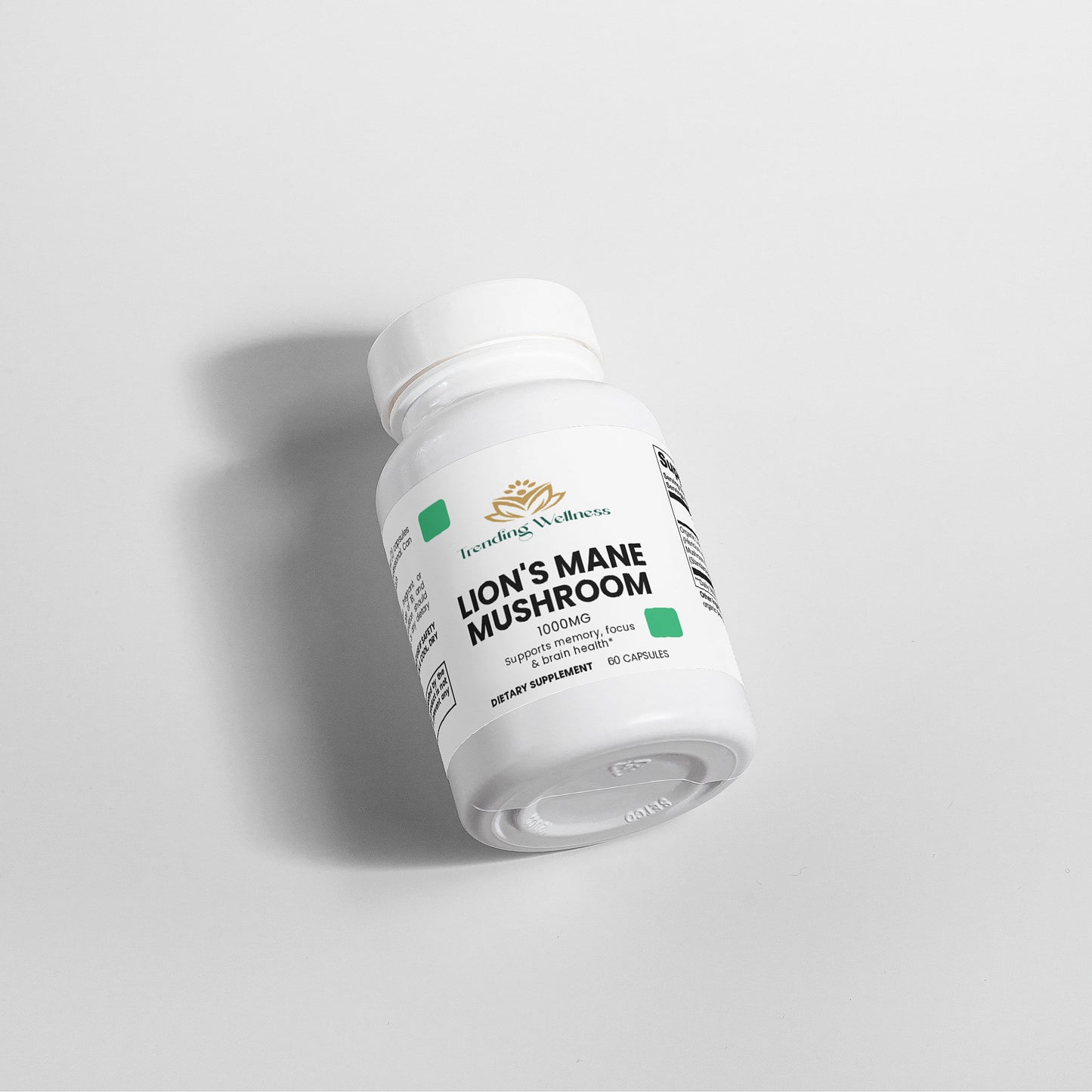 Supplement bottle labeled 'Lion's Mane Mushroom' on a light gray background
