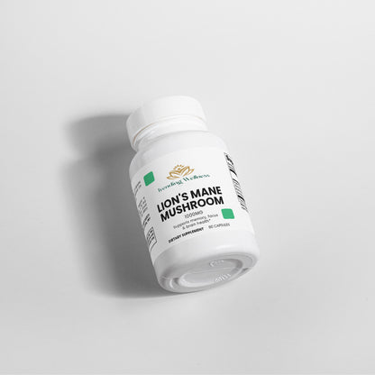 Supplement bottle labeled 'Lion's Mane Mushroom' on a light gray background