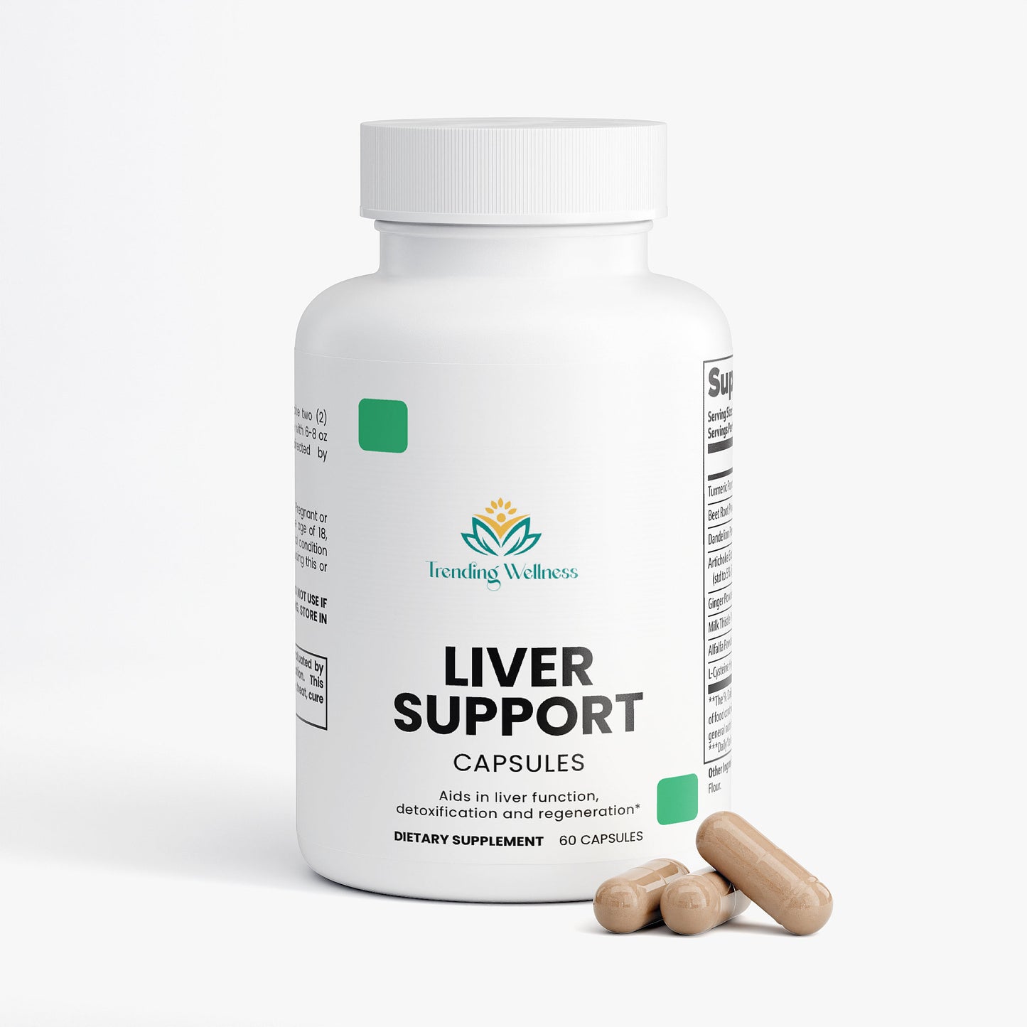 Bottle of liver support capsules with a white background