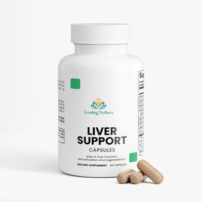 Bottle of liver support capsules with a white background