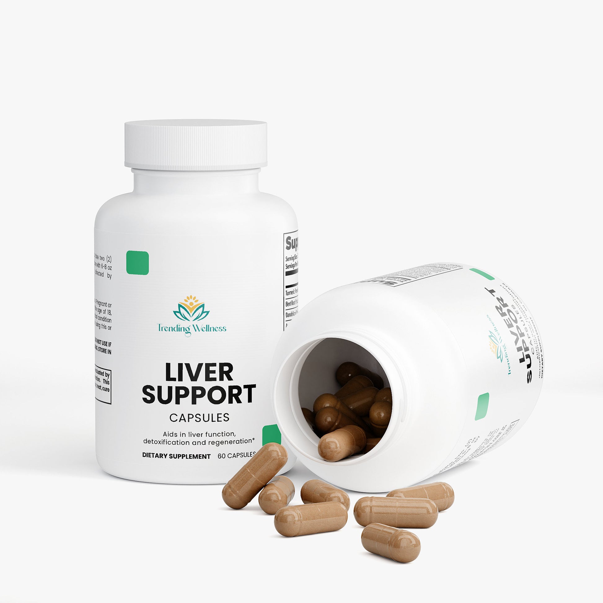 Liver support capsules with a bottle labeled 'Tending Wellness' on a white background