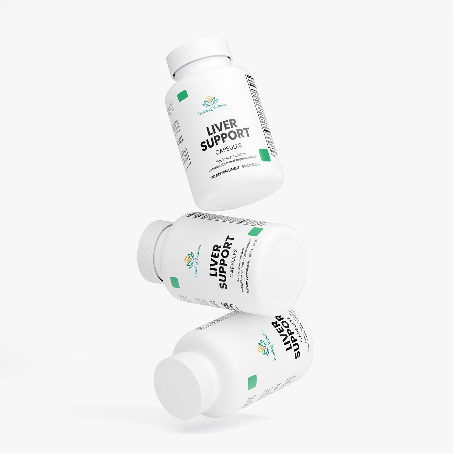 Three bottles of 'Liver Support' capsules on a white background