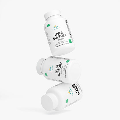 Three bottles of 'Liver Support' capsules on a white background
