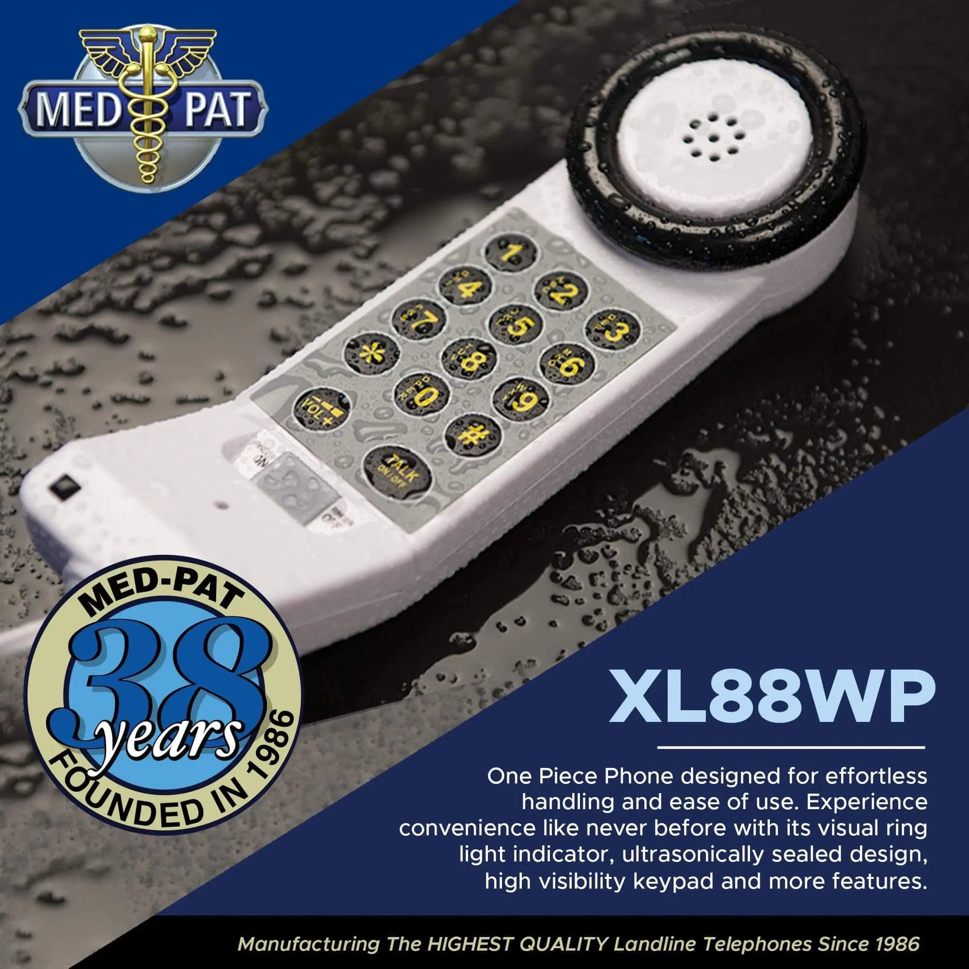 Med‑Pat XL88WP Waterproof One‑Piece Telephone – Visual Ring Light, Full‑Range Volume, High‑Visibility Keypad (White) - Trending Wellness Store