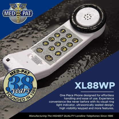 Med‑Pat XL88WP Waterproof One‑Piece Telephone – Visual Ring Light, Full‑Range Volume, High‑Visibility Keypad (White) - Trending Wellness Store