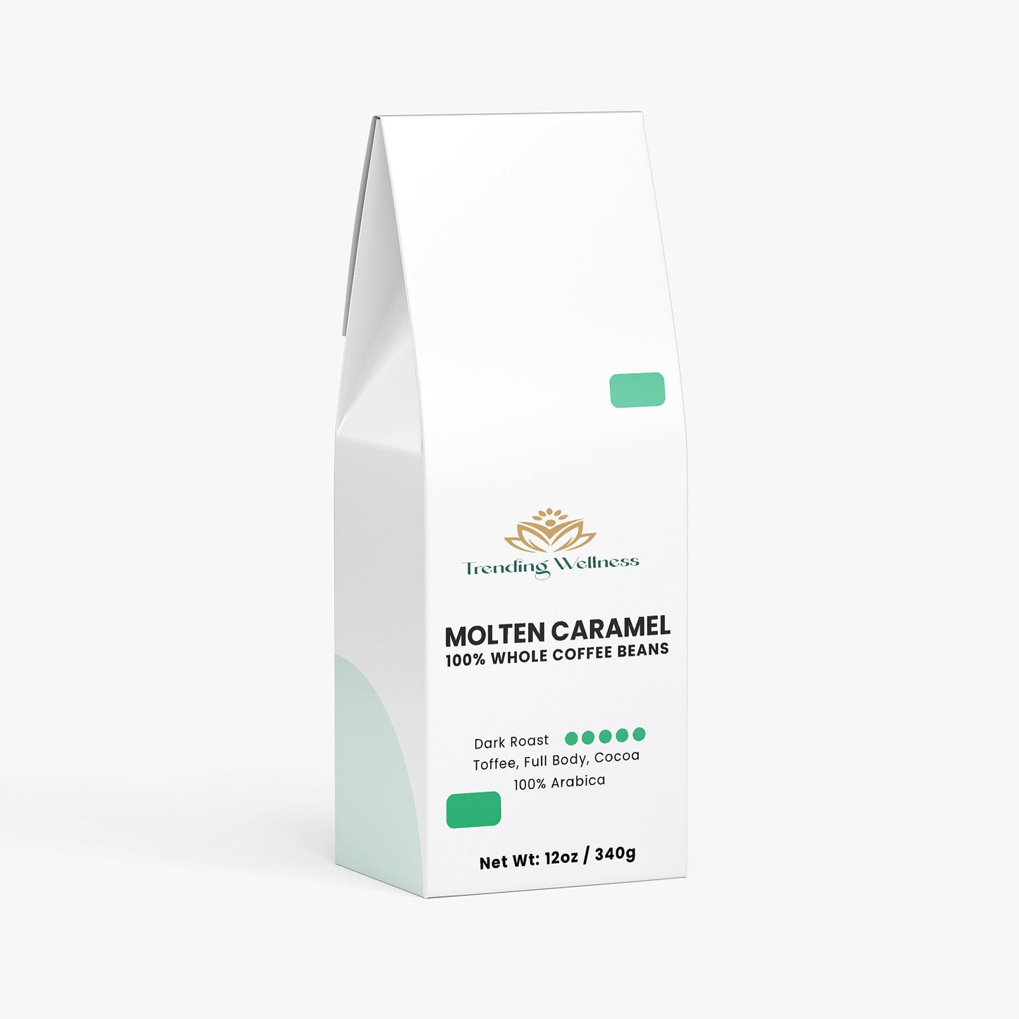 Coffee bean package labeled 'Molten Caramel' on a white background