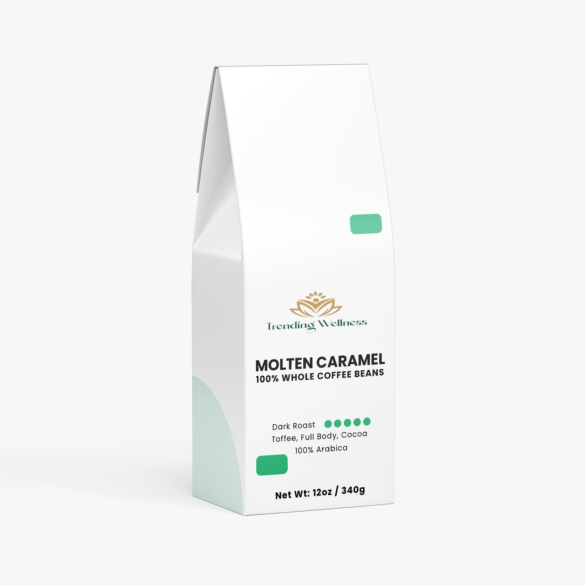 Coffee bean package labeled 'Molten Caramel' on a white background