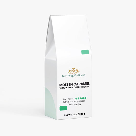 Coffee bean package labeled 'Molten Caramel' on a white background