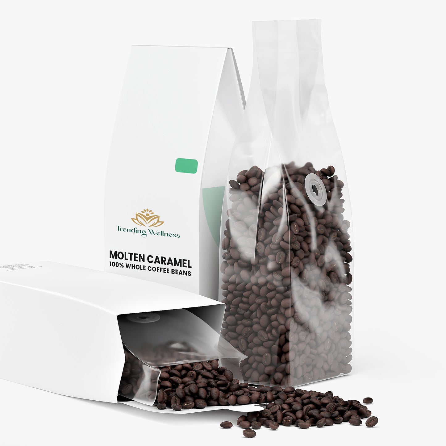 Molten Caramel coffee beans with a clear packaging bag on a white background