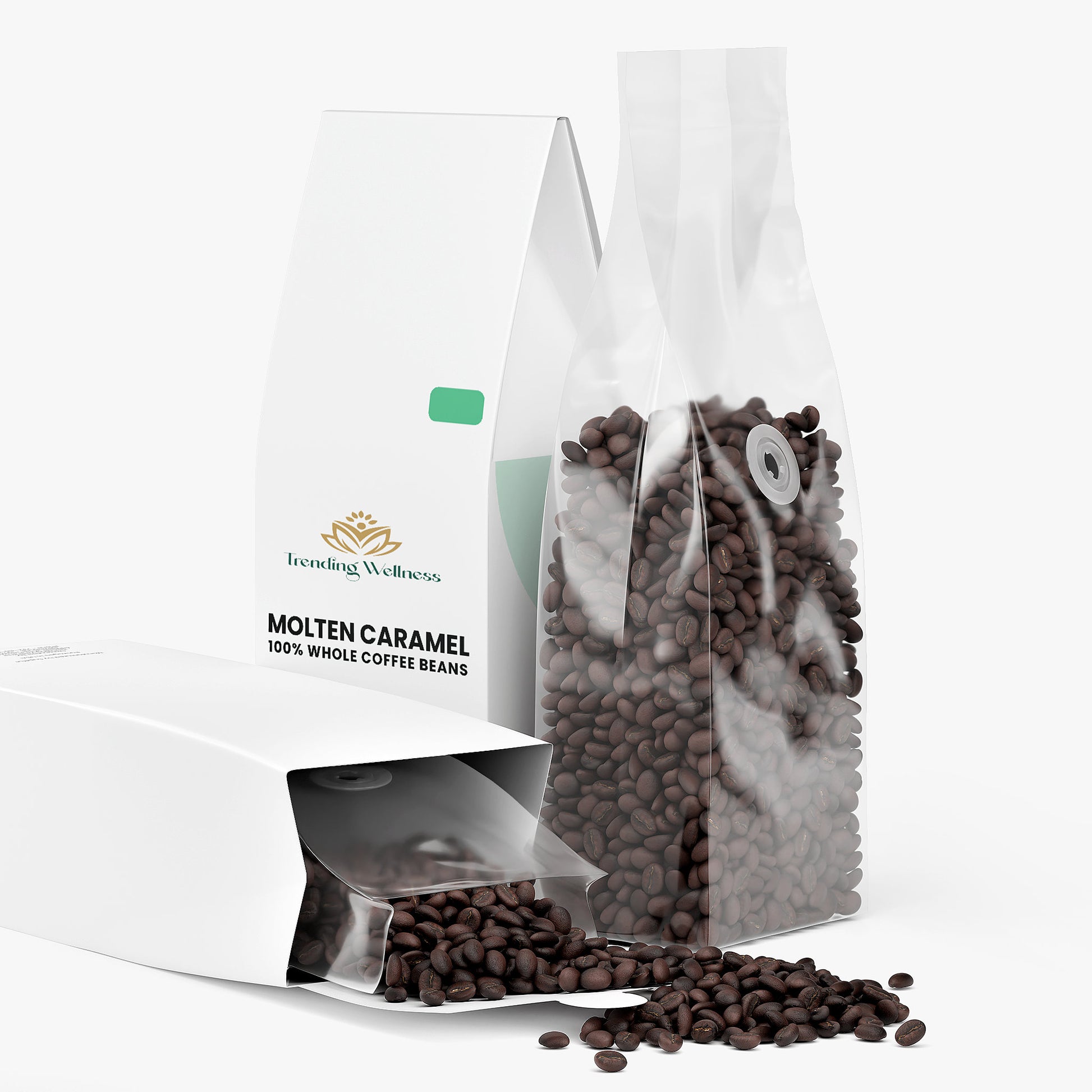 Molten Caramel coffee beans with a clear packaging bag on a white background