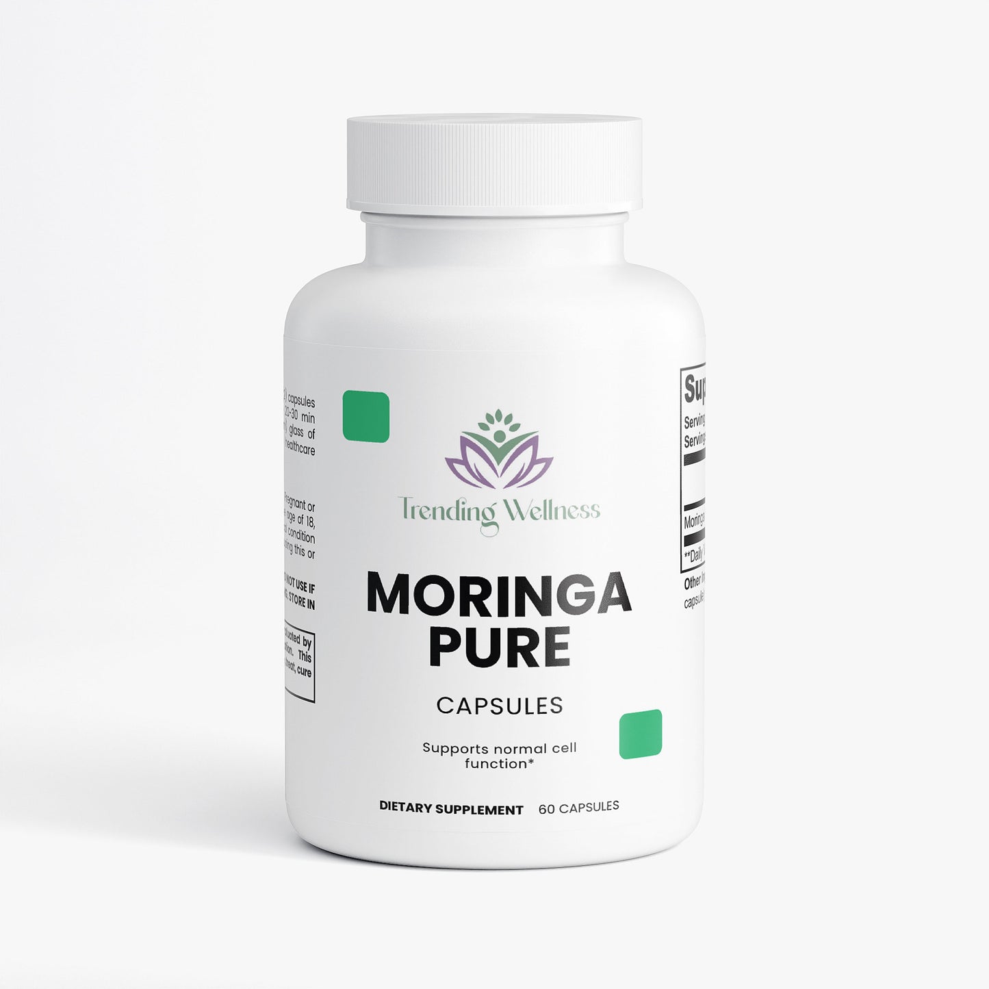 Bottle of Moringa Pure capsules from Trending Wellness on a white background