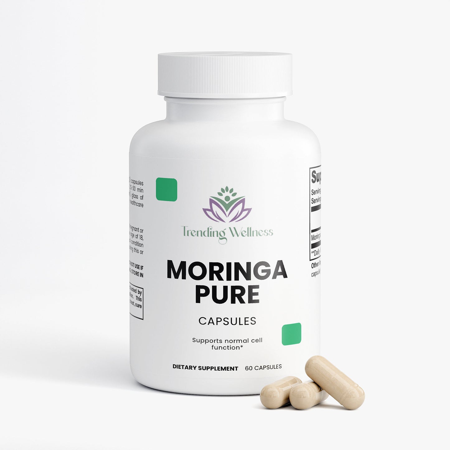 Bottle of Moringa Pure capsules from Trending Wellness on a white background