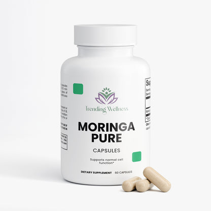 Bottle of Moringa Pure capsules from Trending Wellness on a white background