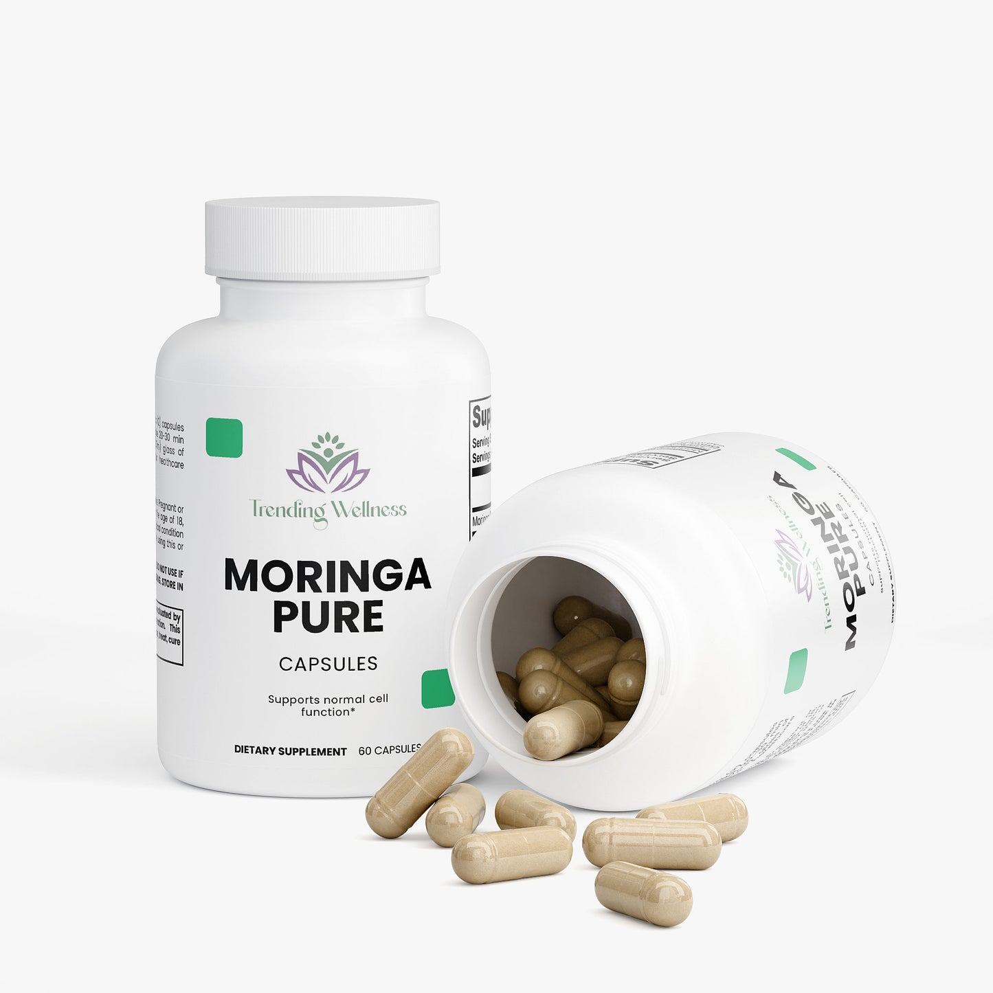 Moringa Pure capsules from Trending Wellness with open bottle on a white background