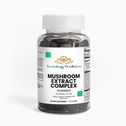 Bottle of Mushroom Extract Complex Gummies with a white label on a white background