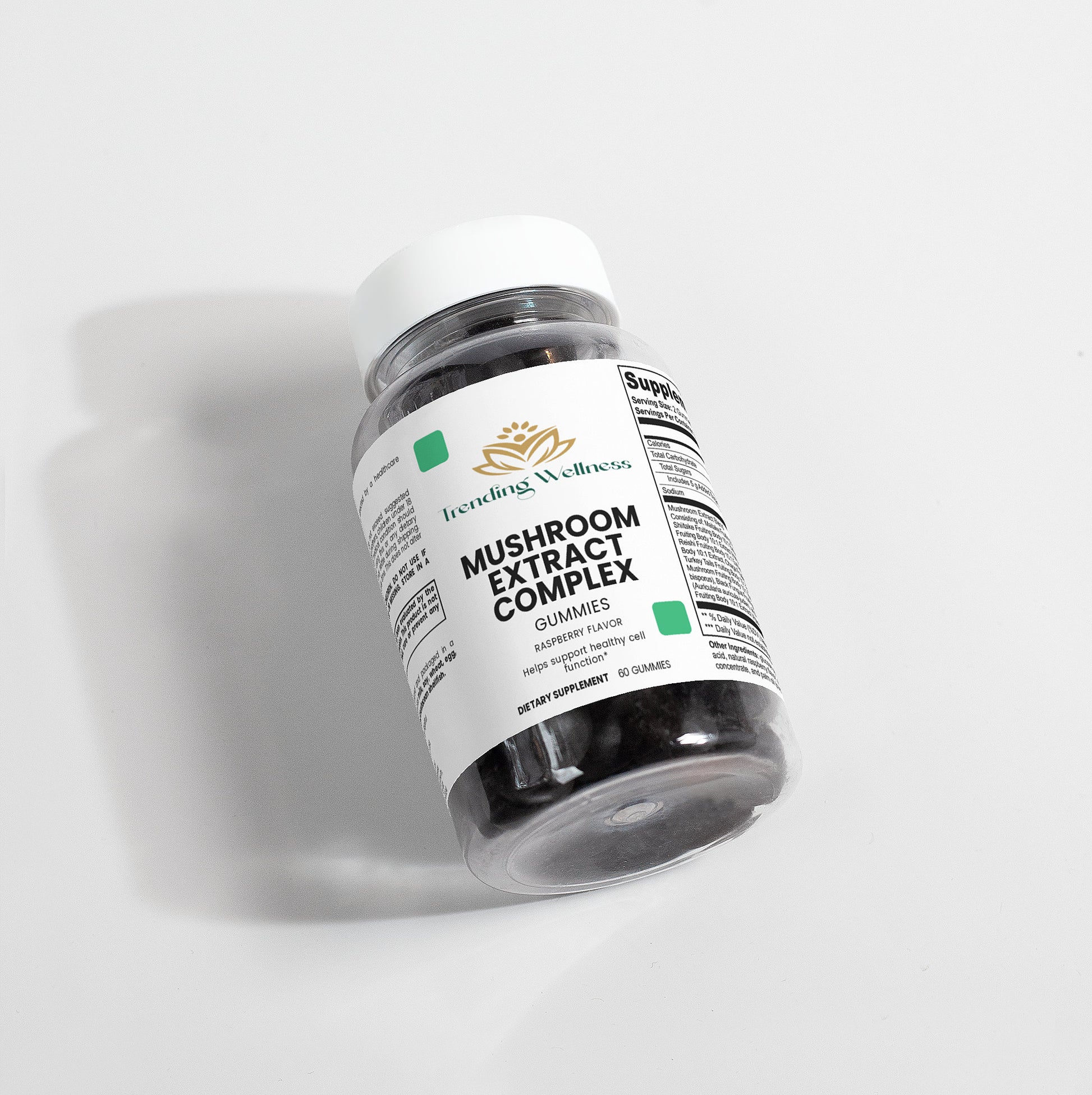 Bottle of Mushroom Extract Complex Gummies with a label on a white background