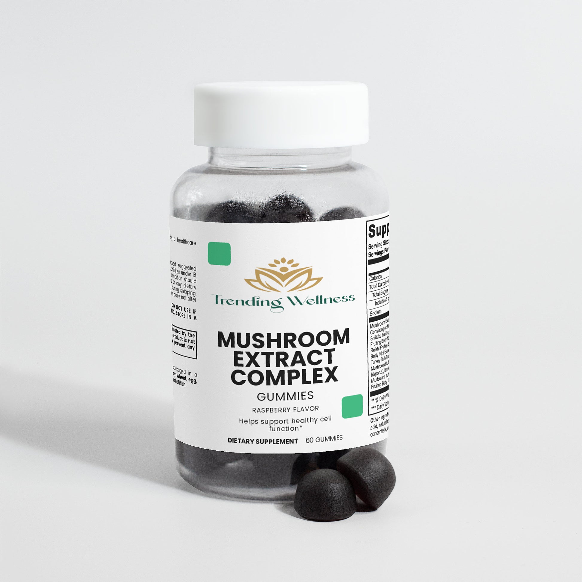 Bottle of VitalDaily Mushroom Extract Complex Gummies on a light gray background
