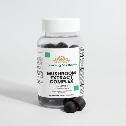 Bottle of VitalDaily Mushroom Extract Complex Gummies on a light gray background