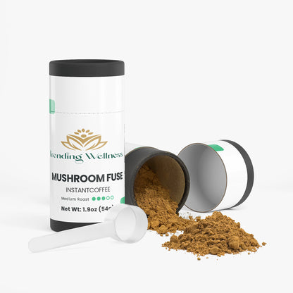 intura within Mushroom Fuse Instant Coffee container with coffee powder spilling out on a white background