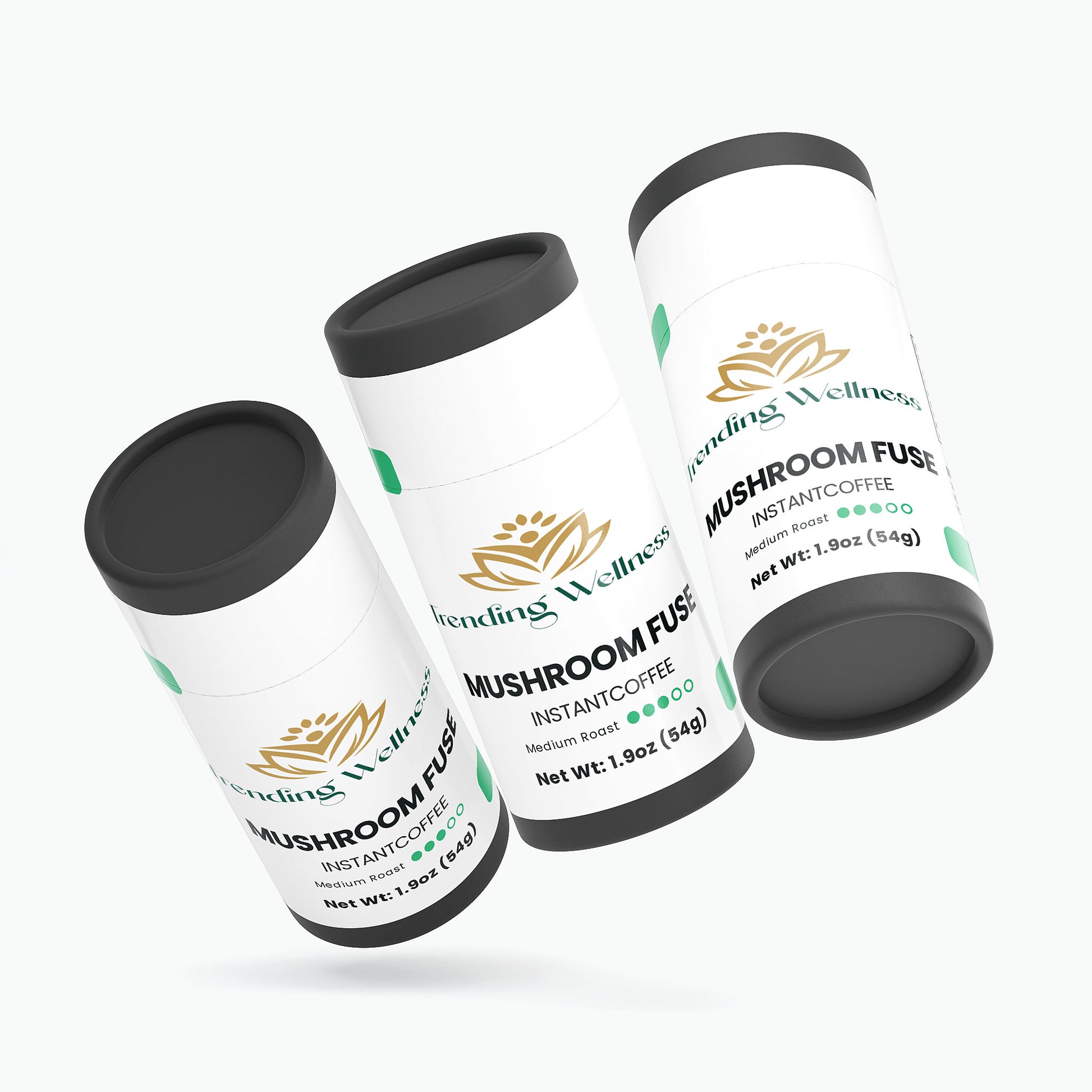 Three containers of intáñò mushroom fuse instant coffee on a white background