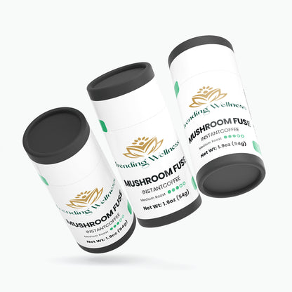 Three containers of intáñò mushroom fuse instant coffee on a white background