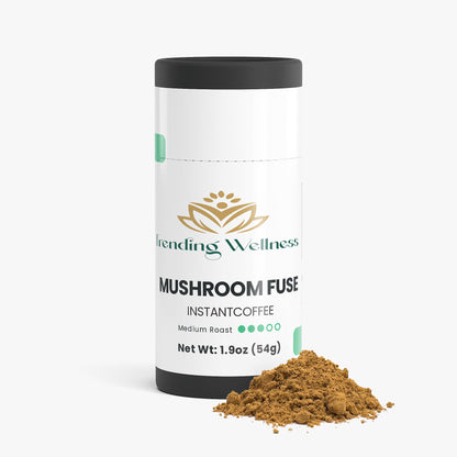 Trending Wellness Mushroom Fuse Instant Coffee container with coffee powder on a white background