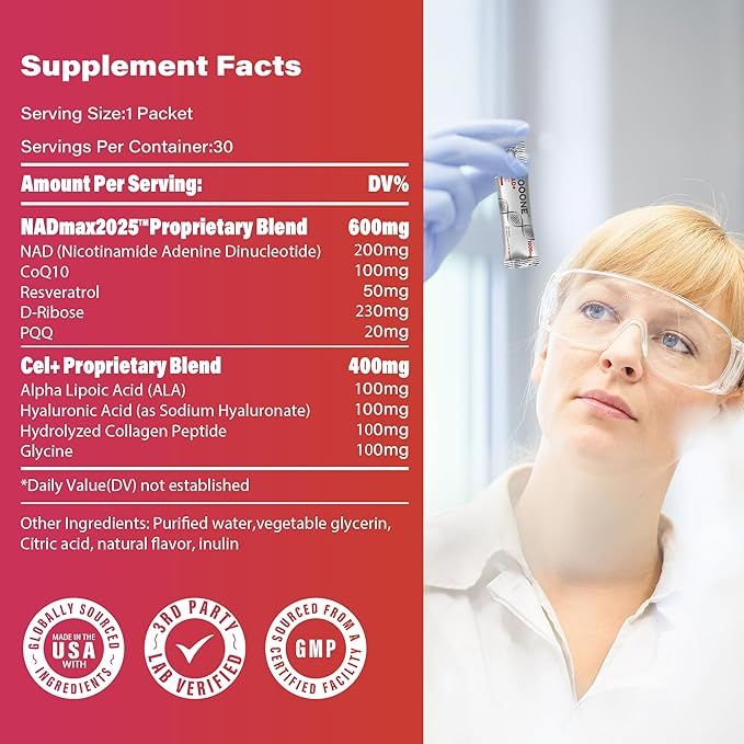 NAD booster, suitable for men and women (30 packs) with high-quality nicotinamide riboside and resveratrol, helping cellular energy