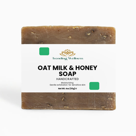 Bar of oat milk and honey soap with a white background