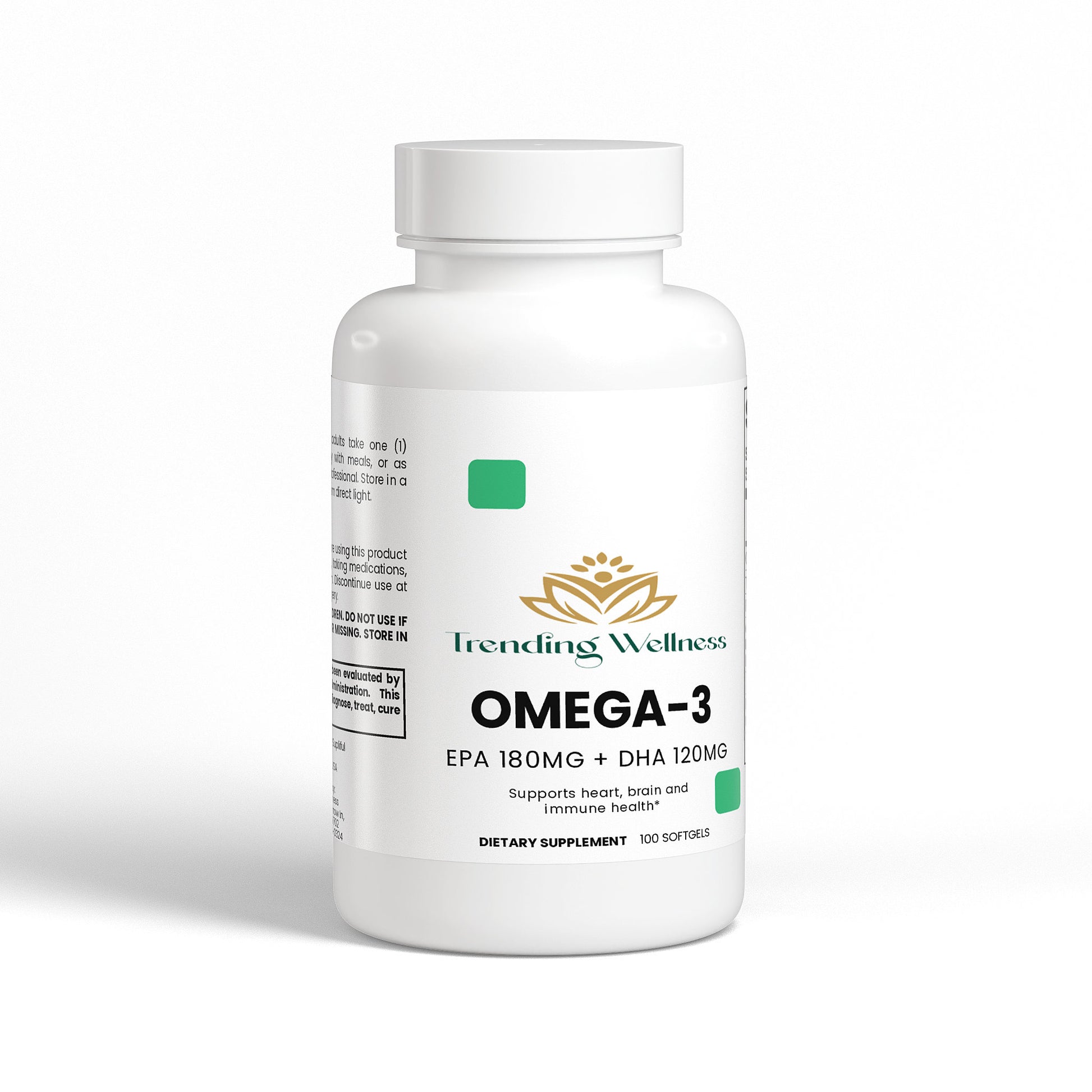 Omega-3 supplement bottle labeled 'Trending Wellness' on a white background
