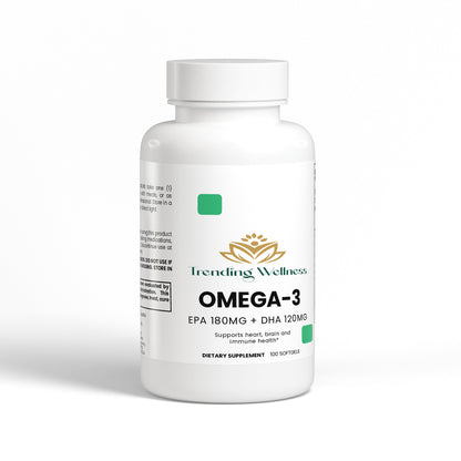 Omega-3 supplement bottle labeled 'Trending Wellness' on a white background