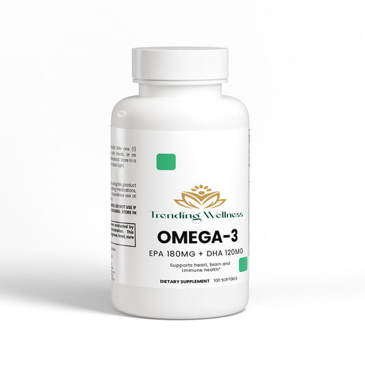 Omega-3 supplement bottle labeled 'Trending Wellness' on a white background